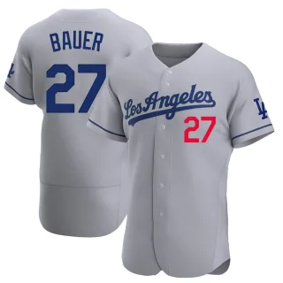 Men's Authentic Gray Trevor Bauer Los Angeles Dodgers Away Official Jersey