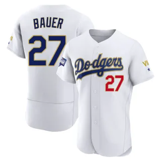 Men's Authentic White/Gold Trevor Bauer Los Angeles Dodgers 2021 Gold Program Player Jersey