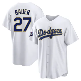Men's Replica White/Gold Trevor Bauer Los Angeles Dodgers 2021 Gold Program Player Jersey